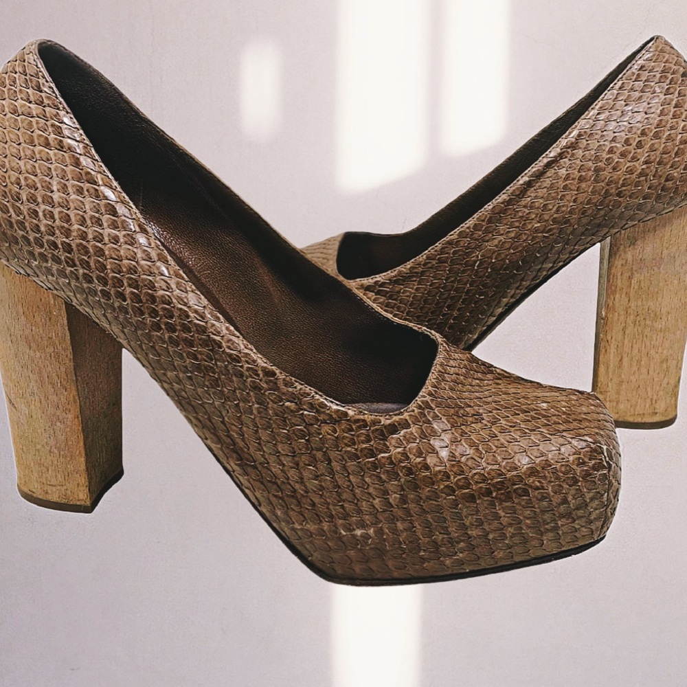 MARNI vintage Brown Snakeskin Platform with Wood block heel and Square toebox